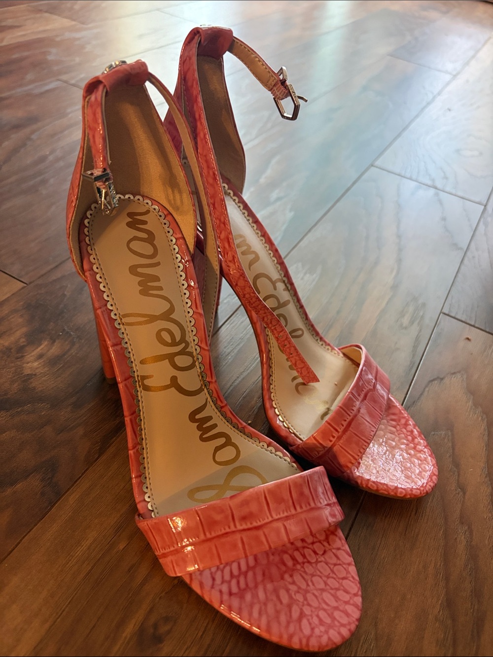 Sam Edelman Daniela Peach Croco Textured Block-Heel Ankle-Strap Sandals